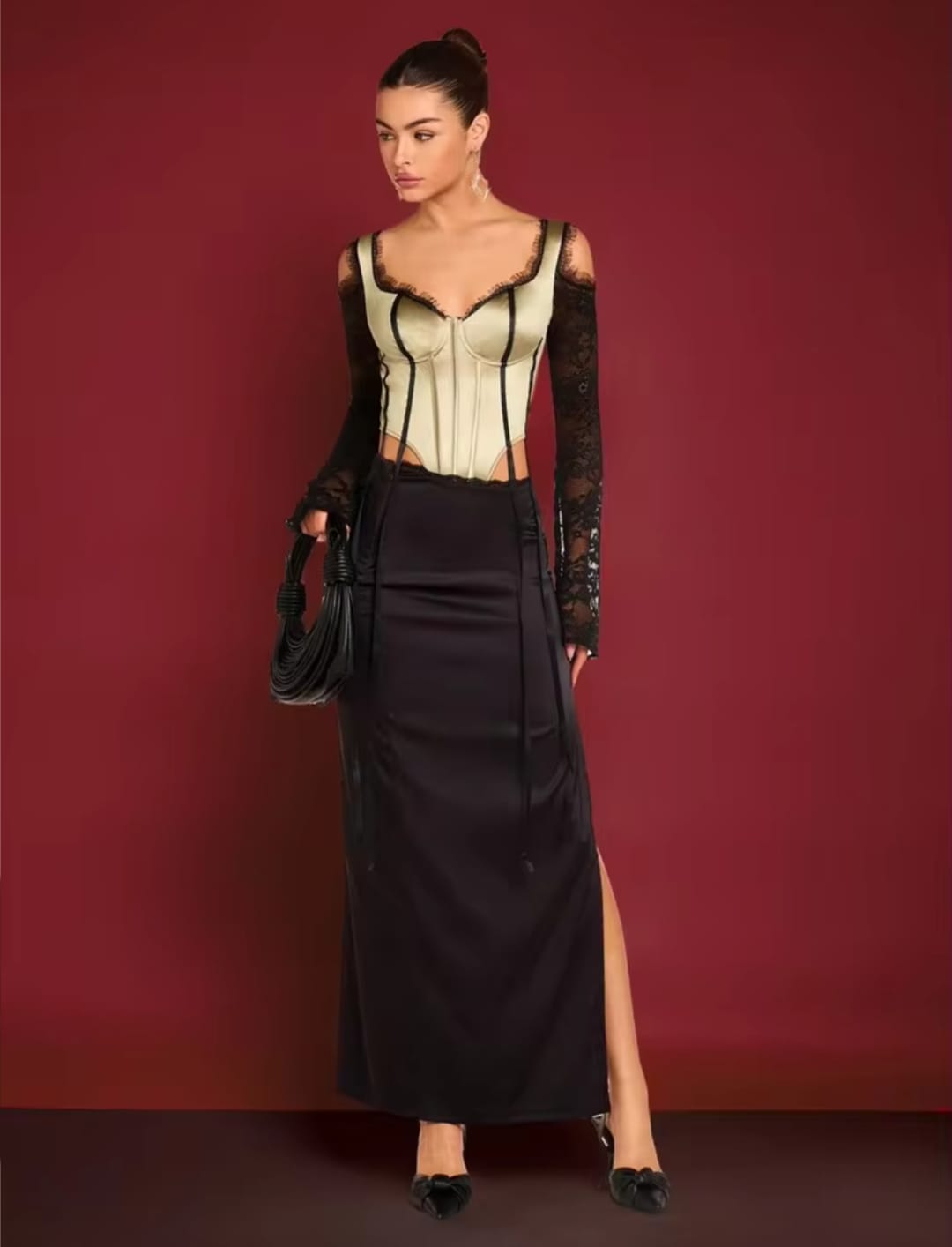 Women’s Beige & Black Lace Corset Bodysuit with Long Sheer Sleeves and Lace Trim